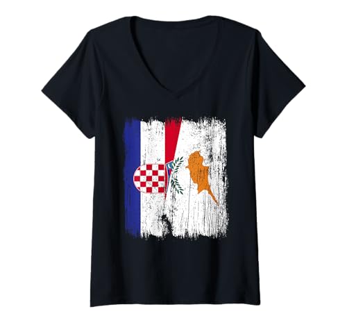 Damen Kroatien Zypern Halbflagge Kroatisch Zyprisches Erbe T-Shirt mit V-Ausschnitt von Cyprus Flag Designs Proud Cypriot Roots