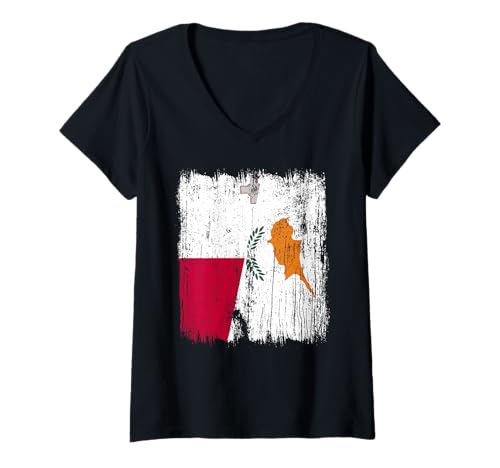 Damen Malta Zypern Halbflagge Malteser Zyprisches Erbe T-Shirt mit V-Ausschnitt von Cyprus Flag Designs Proud Cypriot Roots