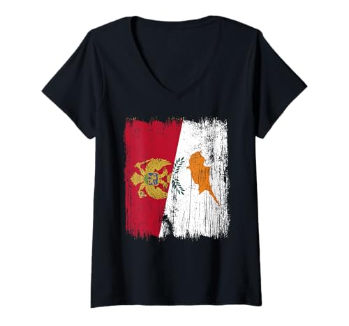 Damen Montenegro Zypern Halbflagge montenegrinisches zyprisches Erbe T-Shirt mit V-Ausschnitt von Cyprus Flag Designs Proud Cypriot Roots