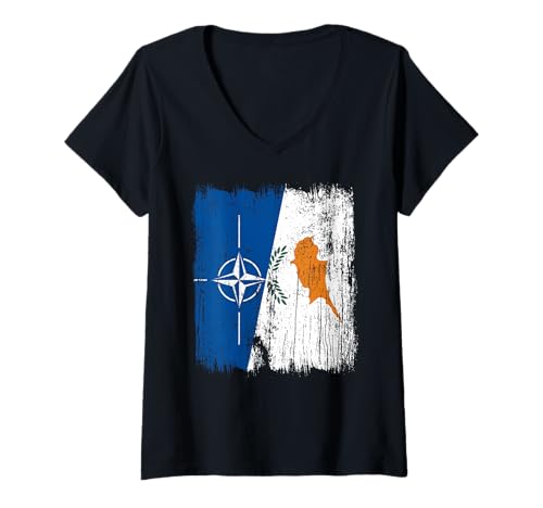 Damen NATO Zypern Halbflagge OTAN Zyprisches Erbe T-Shirt mit V-Ausschnitt von Cyprus Flag Designs Proud Cypriot Roots