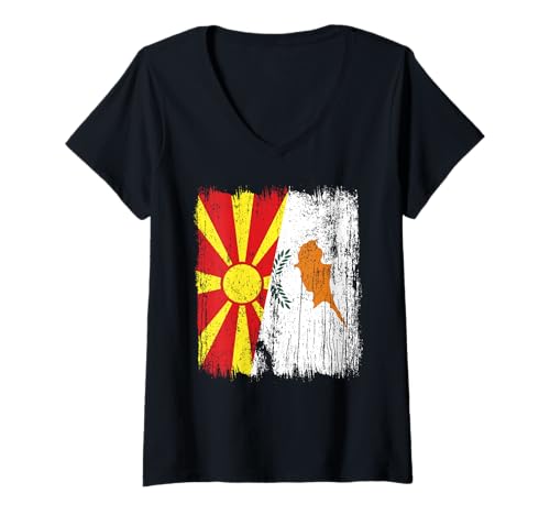 Damen Nordmazedonien Zypern Halbflagge mazedonisches zyprisches Erbe T-Shirt mit V-Ausschnitt von Cyprus Flag Designs Proud Cypriot Roots