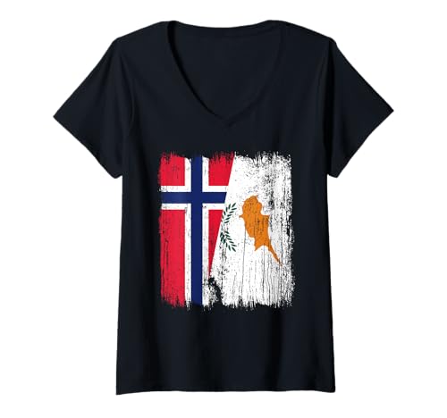 Damen Norwegen Zypern Halbflagge Norwegisches zyprisches Erbe T-Shirt mit V-Ausschnitt von Cyprus Flag Designs Proud Cypriot Roots