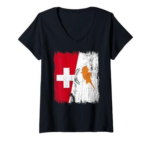 Damen Schweiz Zypern Halbflagge Schweiz Zyprisches Erbe T-Shirt mit V-Ausschnitt von Cyprus Flag Designs Proud Cypriot Roots