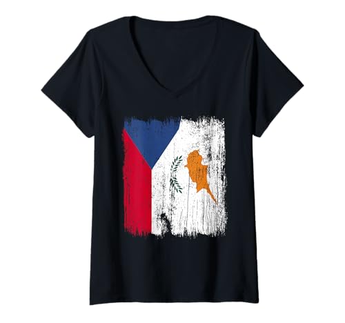 Damen Tschechische Republik Zypern halbe Flagge Tschechien Zypern Erbe T-Shirt mit V-Ausschnitt von Cyprus Flag Designs Proud Cypriot Roots