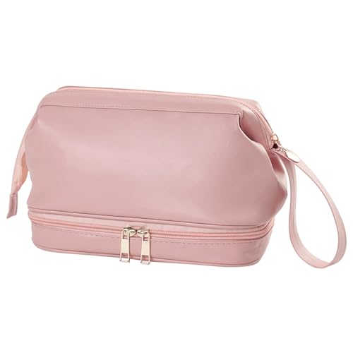 Reise-Make-up-Tasche, Kosmetiktaschen Mit Großem Fassungsvermögen Für Damen, Doppellagige Kosmetiktasche, Reise-Make-up-Tasche, Make-up-Tasche aus Leder, Kosmetik-Reisetaschen Mit Trennwand Und Griff von Cyrank