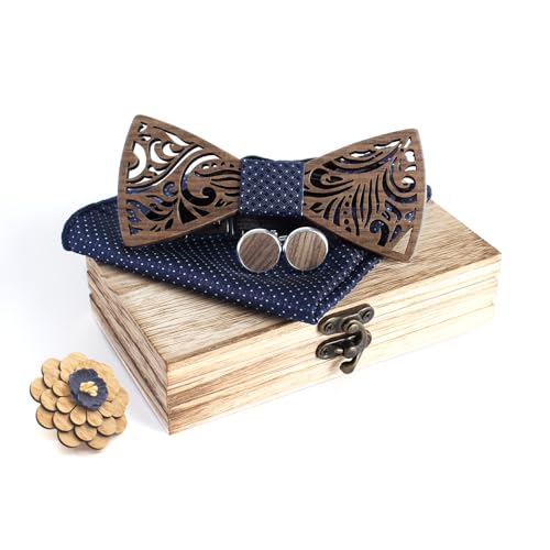 Cyriacus Fliege Set Holz, Marineblau mit weißem Tupfenmuster enthält Papillon und Manschettenknöpfe, quadratisches Halstuch und Korsage (4 PCS), Geeignet für den Einsatz in mehreren Szenen von Cyriacus
