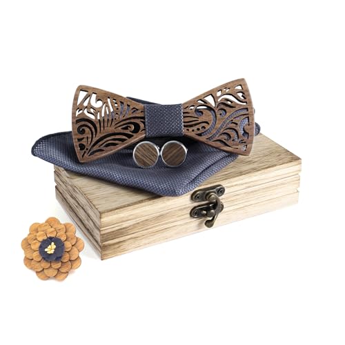 Cyriacus Fliege Set Holz, Marineblaues geripptes Schachbrettmuster enthält Papillon und Manschettenknöpfe, quadratisches Halstuch und Korsage (4 PCS), Geeignet für den Einsatz in mehreren Szenen von Cyriacus