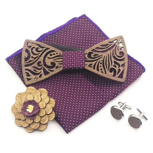 Cyriacus Fliege Set Holz, Rotbraun mit weißem Tupfenmuster enthält Papillon und Manschettenknöpfe, quadratisches Halstuch und Korsage (4 PCS), Geeignet für den Einsatz in mehreren Szenen von Cyriacus