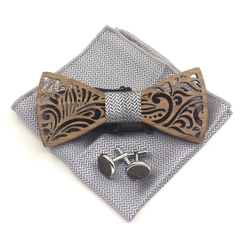 Cyriacus Fliege Set Holz, Silbergeripptes Schachbrettmotiv enthält Papillon und Manschettenknöpfe, quadratisches Halstuch (3 PCS), Geeignet für den Einsatz in mehreren Szenen von Cyriacus