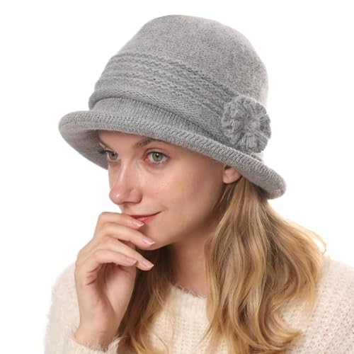 Cysocool Damen Eleganter Winter Glockenhut Wolle Wintermütze Warme Strickmütze mit Blumen Frauen Cloche Hüte Retro Fischermütze Bowler Hut Winterhut von Cysocool