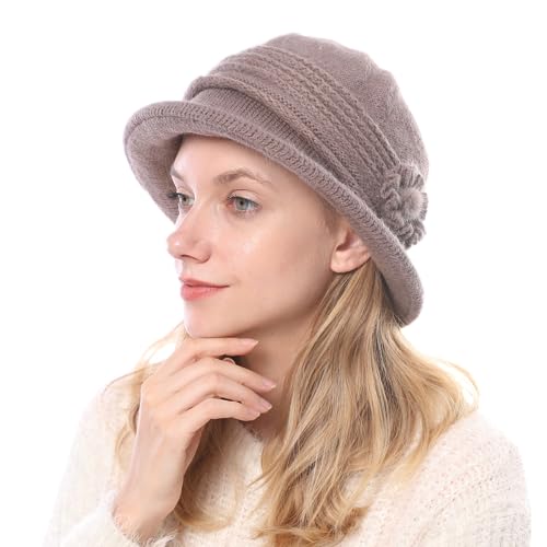 Cysocool Damen Eleganter Winter Glockenhut Wolle Wintermütze Warme Strickmütze mit Blumen Frauen Cloche Hüte Retro Fischermütze Bowler Hut Winterhut von Cysocool