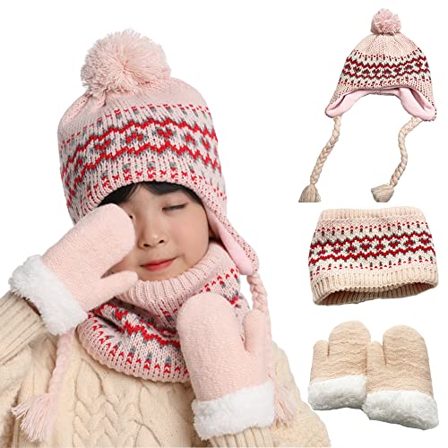 Süß Kinder Wintermütze Schal Handschuhe Set Mädchen Dick Plüsh Strickmütze mit Ohrenklappen Warme Winter Ski Pom Beanie Hut Jungen Mütze mit Schal Fäustlinge für Kinder 1-5 Jahre Winterzubehör von Cysocool