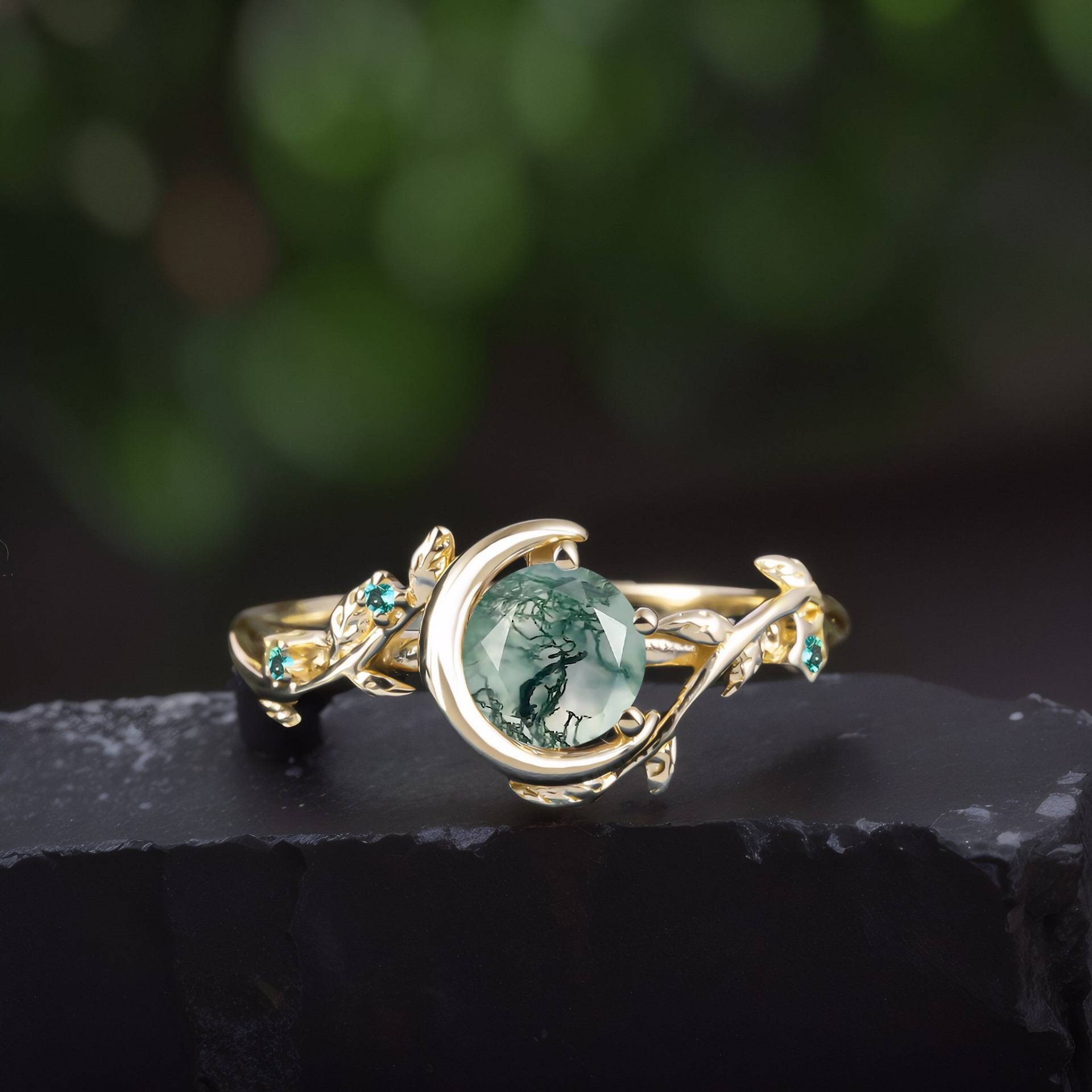 Vintage Moosachat Verlobungsring Art-Deco-Massiv 14K Gold Lünette Versprechensring Einzigartige Natur Inspiriert Elfenblattring Schmuck Geschenke Vintage Moosachat Verlobungsring Art-Deco-Massiv 14K Gold Lünette Versprechensring Einzigartige Natur Inspiriert Elfenblattring Schmuck Geschenke von CytheriaSHO