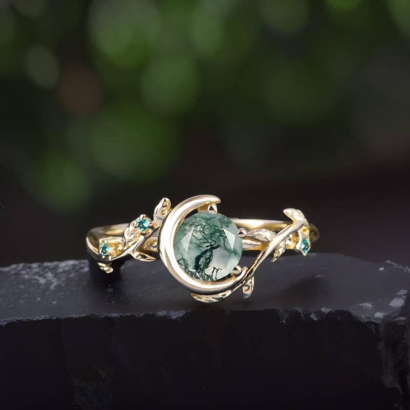 Vintage Moosachat Verlobungsring Art-Deco-Massiv 14K Gold Lünette Versprechensring Einzigartige Natur Inspiriert Elfenblattring Schmuck Geschenke Vintage Moosachat Verlobungsring Art-Deco-Massiv 14K Gold Lünette Versprechensring Einzigartige Natur Inspiriert Elfenblattring Schmuck Geschenke von CytheriaSHO