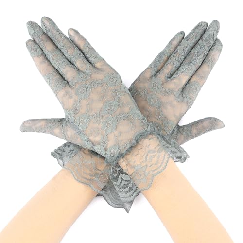Cytokio Spitzenhandschuhe für Damen, Teeparty & Hochzeit, Brautmode, Oper & Halloween, Cosplay, kurze Handschuhe, 1 Paar: grau blau, 1 Paar von Cytokio