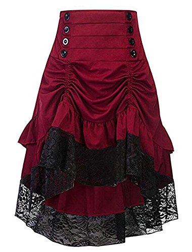 Cytree Damen Amelia Gothic Button Steampunk Gekräuselten Kuchen Rock Styles Low High Röcke (M, Rot) von Cytree