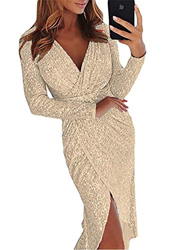 Cytree Damen Langarm Tief V Ausschnitt Glitzer Abendkleid Pailletten Wrapped Asymmetrisch Partykleider Hochzeit Festlich Maxikle Lila S von Cytree