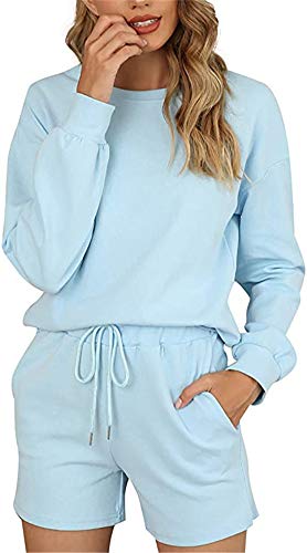 Cytree Damen Shorts Pyjama Set Langarm Tops Nachtwäsche Nachtwäsche Loungewear Pjs (3XL, Blau-F) von Cytree