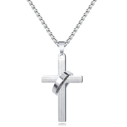 CyxenNova Kreuz Kette Herren Halskette Herren mit Ring und Kette, Edelstahl Silberkette mit Anhänger, Königskette Silber Herren, Kruzifix mit Schriftzug, Schmuck Herren Geschenke von CyxenNova