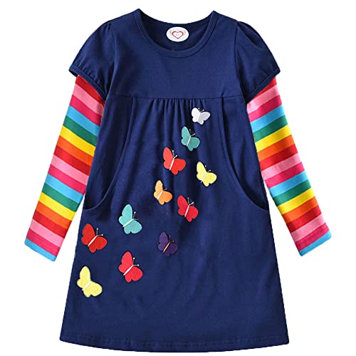 Cyxon Smiling Mädchen Kleider Langarm Baumwolle Schmetterling Print Karikatur Stickerei Casual Kleid Gr.98-128 (3-4T, NCL5803blau) von Cyxon Smiling