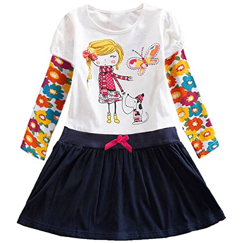 Cyxon Smiling Mädchen Kleider Langarm Baumwolle Schmetterling Print Karikatur Stickerei Casual Kleid Gr.98-128 (5-6T, NCL5926white) von Cyxon Smiling