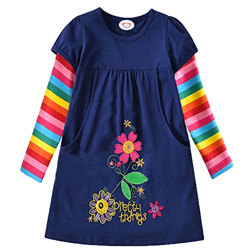 Cyxon Smiling Mädchen Kleider Langarm Baumwolle Schmetterling Print Karikatur Stickerei Casual Kleid Gr.98-128 (6-7T, NCL5802blau) von Cyxon Smiling