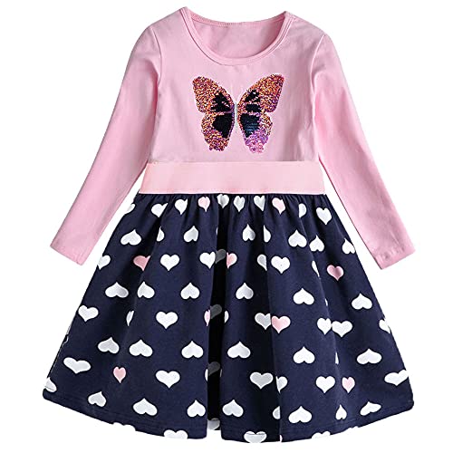 Cyxon Smiling Mädchen Kleider Langarm Baumwolle Schmetterling Print Karikatur Stickerei Casual Kleid Gr.98-128 (6-7T, NCL5809Rosa) von Cyxon Smiling