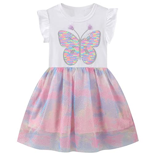 Mädchen Sommerkleid Schmetterling Druck Kurzarm Baumwolle Blumendruck T-Shirt Kleid Lässige Kinderkleidung Für Mädchen Größe 98-128 (as3, Numeric Height, Numeric 110, NCS5827, 104-110) von Cyxon Smiling