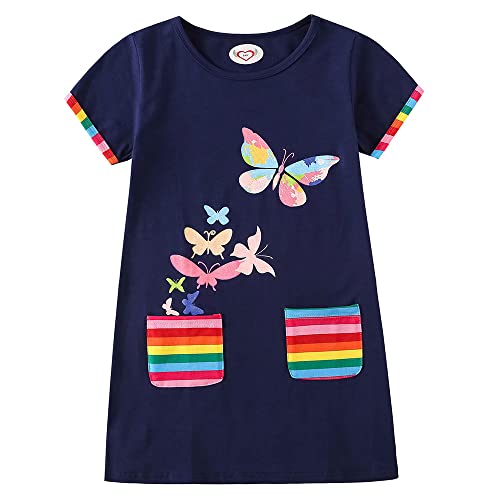 Mädchen Sommerkleid Schmetterling Druck Kurzarm Baumwolle Blumendruck T-Shirt Kleid Lässige Kinderkleidung Für Mädchen Größe 98-128. (as3, Numeric_Height, Numeric_104, NCS5826Navy, 98-104) von Cyxon Smiling