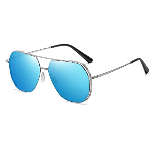 Cyxus Sonnenbrille Herren Damen Polarisiert Retro Klassisch Sonnenbrillen mit UV Schutz Fahrer Brille für Wandern Motorradfahren Golfen und Fischen (Blau Linse Silber Rahmen) von Cyxus