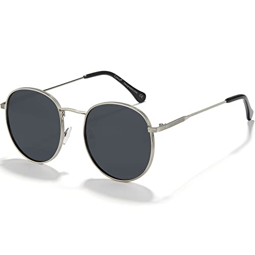 Cyxus Sonnenbrille Runde Herren Damen Retro Polarisiert Sonnenbrille Outdoor UV 400 für Fahren Angeln Reisen（1003 Schwarz Linse Silber Rahmen von Cyxus