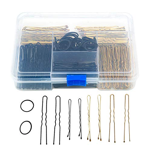 Czemo 200 Stück Haarnadeln 5 cm und 6 cm Bobby Pins und U Haarnadeln für Mädchen und Frauen und 120 Stück Gummi-Haargummi mit Aufbewahrungsbox (Gold und Schwarz) von Czemo