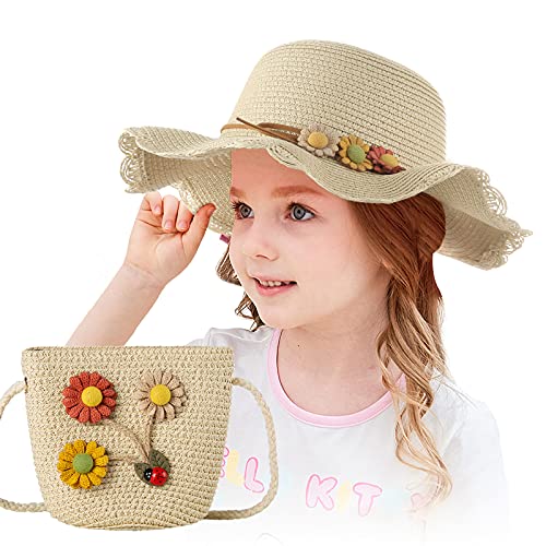 Czemo Mädchen Stroh Sonnenhut Mit Strandtasche mit Blumendekoration Süß Baby Blumen Mütze Set Outdoor-Aktivitäten Sommer Fit für 3-7 Jahre Kinder (Beige) von Czemo