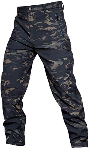 Czen Herren Tactical Camouflage Softshellhose Fleece gefüttert Military Multipocket Outdoor Wandern Trekking Wasserdichte Hose Warm Verdicken Wandern Jagdhose mit Taschen (cp black,M) von Czen