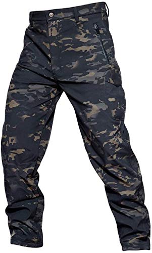 Czen Herren Tactical Camouflage Softshellhose Fleece gefüttert Military Multipocket Outdoor Wandern Trekking wasserdichte Hose Warm Verdicken Wandern Jagdhose mit Taschen (cp Black,M) von Czen