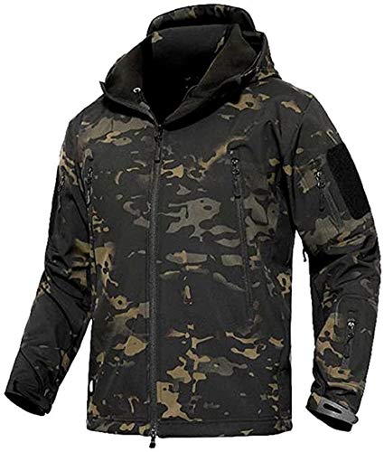 Czen Herren Taktische Camouflage Softshell Jacke Herbst Winter Outdoor Armee Militär Fleece Gefütterte Wasserdichte Jacke Mit Kapuze Outwear Wandern Jagdmantel (cp black,M) von Czen