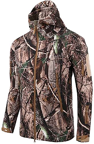 Czen Herren Taktische Camouflage Softshell Jacke Herbst Winter Outdoor Armee Militär Fleece Gefütterte wasserdichte Jacke Mit Kapuze Outwear Wandern Jagdmantel (Leaf camo,M) von Czen