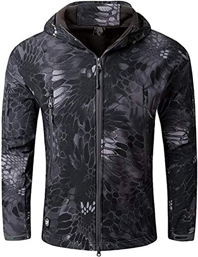 Czen Herren Taktische Camouflage Softshell Jacke Herbst Winter Outdoor Armee Militär Fleece Gefütterte wasserdichte Jacke Mit Kapuze Outwear Wandern Jagdmantel (Python Black,XL) von Czen