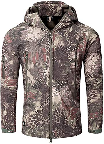 Czen Herren Taktische Camouflage Softshell Jacke Herbst Winter Outdoor Armee Militär Fleece Gefütterte wasserdichte Jacke Mit Kapuze Outwear Wandern Jagdmantel (Python Green,L) von Czen