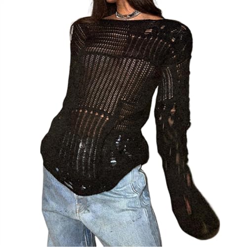 CzooM Damen Langarmpullover Aushöhlen Lockerer Rundhalsausschnitt Schulterfrei Häkelausschnitt Netzpullover Strickmode(Black,M) von CzooM