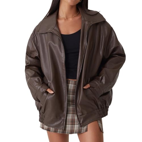 CzooM Damen Lederjacken Übergroße Faux Motorrad Biker Mantel PU Moto Varsity Bomber Cardigan Jacken Herbst Outwear Streetwear (Color : Brown, Size : M) von CzooM