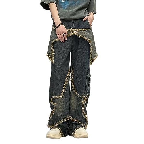 CzooM Damen Vintage Baggy Jeans mit Patchwork High Waist Fringe Hem Denim Jeanshose Y2K Streetwear Blau (Color : Blue, Size : L) von CzooM