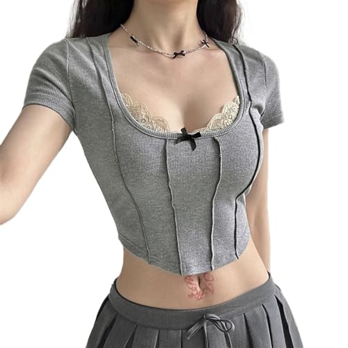 CzooM Damen Y2K Fairy Crop Top Cute Lace Patchwork Kurzarm T-Shirt Trendy Sommer Ästhetische T-Shirts Vintage Kleidung(S) von CzooM