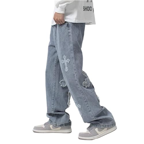 CzooM Herren Baggy Hip-Hop Cross Patchwork Jeans Loose Fit Wide Leg Straight Denim Pants Streetwear Y2K Jeans Casual Cross-Stitch Patch Jeans (Color : Blue, Size : XL) von CzooM