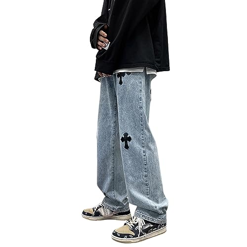 CzooM Herren Jeans Drucken Jeanshosen Patchwork Jeanshose Denim Hosen Baggy Hip Hop Jeans Vintage Y2K Straight Leg Streetwear (Color : Blue, Size : S) von CzooM