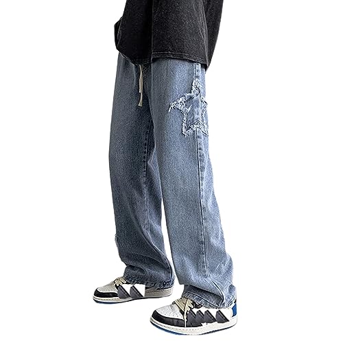 CzooM Men Hip Hop Jeans Baggy Straight Leg Gewaschen Jeanshose Casual Denim Hosen Vintage Bedruckte Jeans Teenager Skateboard Hose Streetwear (Color : Blue1, Size : S) von CzooM