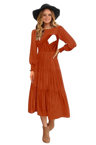CzzzyL Damen Stillkleid mit langen Ärmeln, gesmokt, gestuft, zum Stillen, Orange-09, Klein von CzzzyL