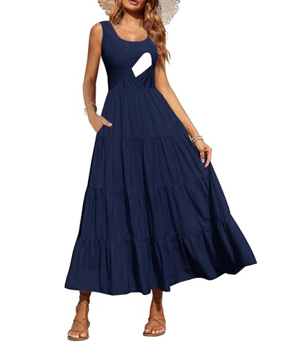 CzzzyL Damen Stillkleider Gesmoktes Rundhals Sommer Ärmellos Gestuftes Maxikleid mit Taschen, Marineblau, Mittel von CzzzyL