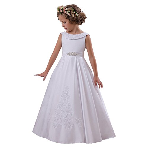 D/H Tüll Blumenmädchen Kleider Kurze Ärmel mit Schärpe Mädchen Festzug Kommunion Kleider für Hochzeit Weiß Größe von D/H
