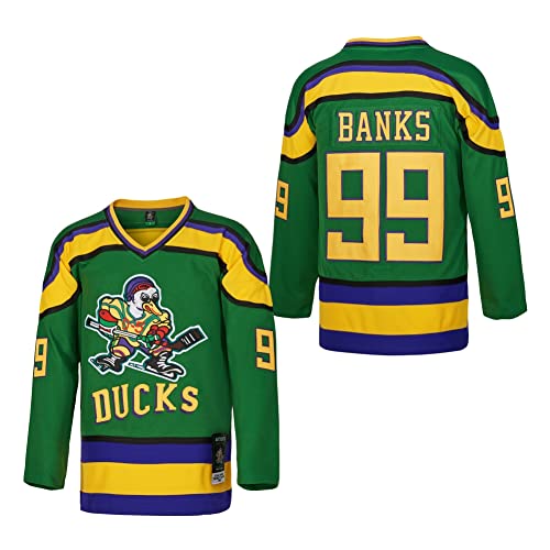 D-5 Herren Mighty Ducks Jersey #33 Goldberg #66 Bombay #96 Conway #99 Banks Jersey, Film Eishockey-Trikot für Herren, S-XXXL, #99 - Grün, Klein von D-5